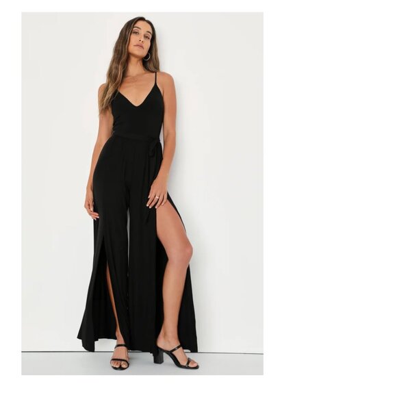 Lulus Just Breathe Black Sleeveless Slit-Leg Jumpsuit - Picture 1 of 1